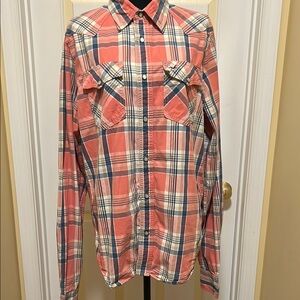 Hollister Peachy Pink and Blue Western Button Down Shirt